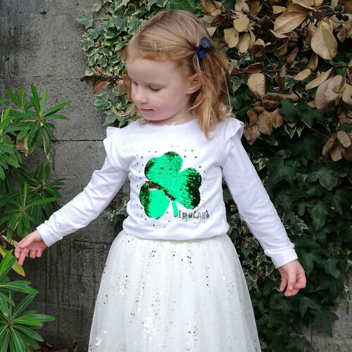 Traditional Craft Kids White Two Way Shamrock Sequin Long Sleeve Top 11-12 Years