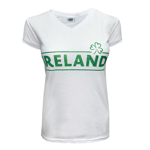 Irish Memories Ireland Shamrock Ladies V-Neck T-Shirt White M